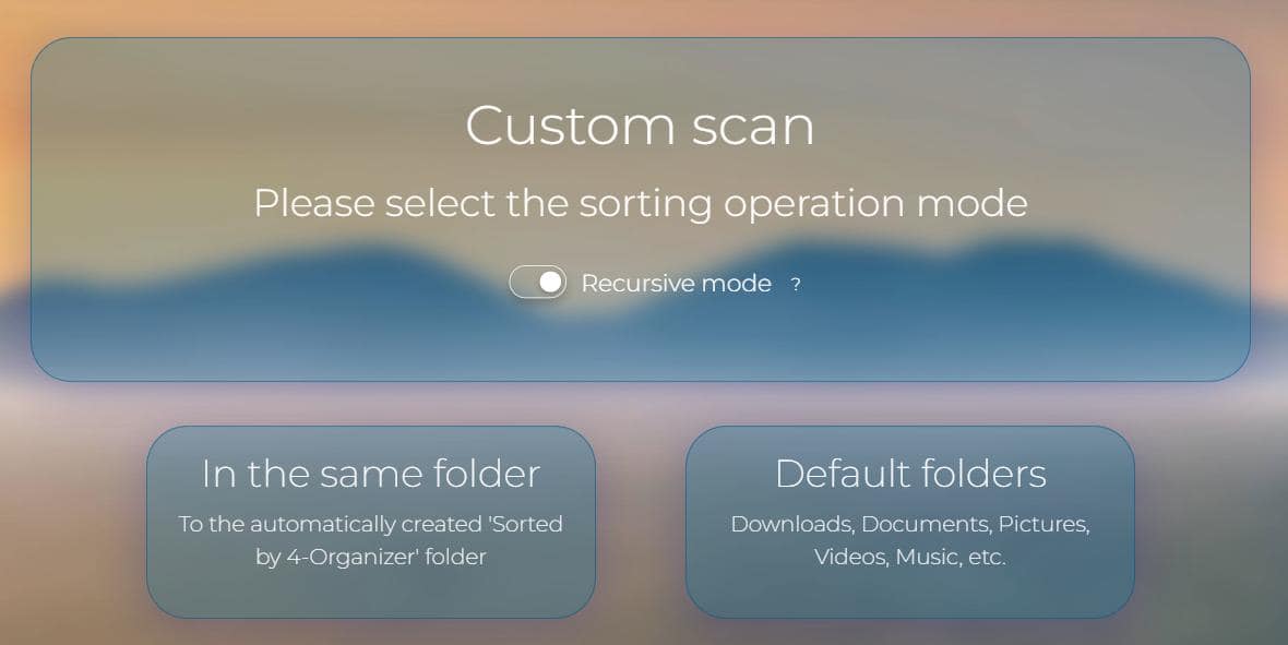 Enable or disable the “recursive” sorting. Pick the sorting mode and click on it to start the process.