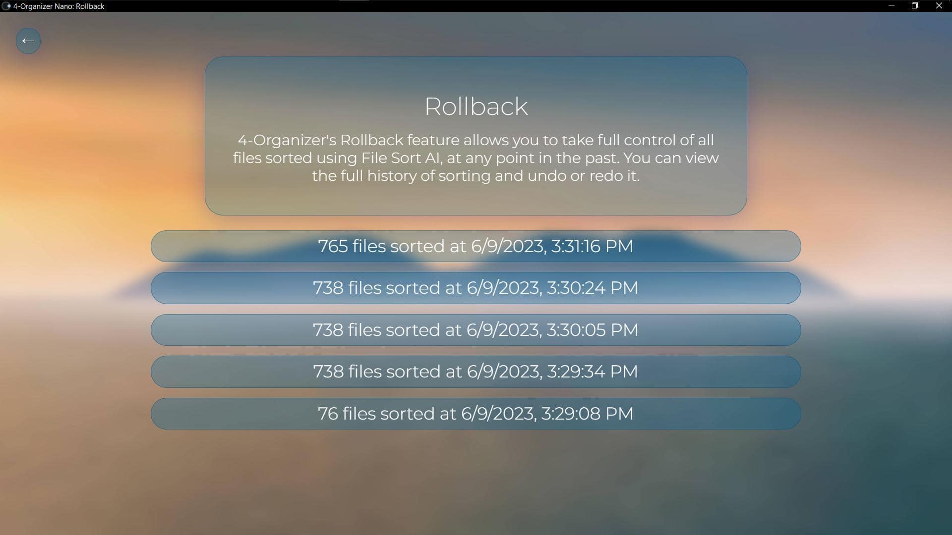 The “Rollback” window, which shows five “Snapshots”