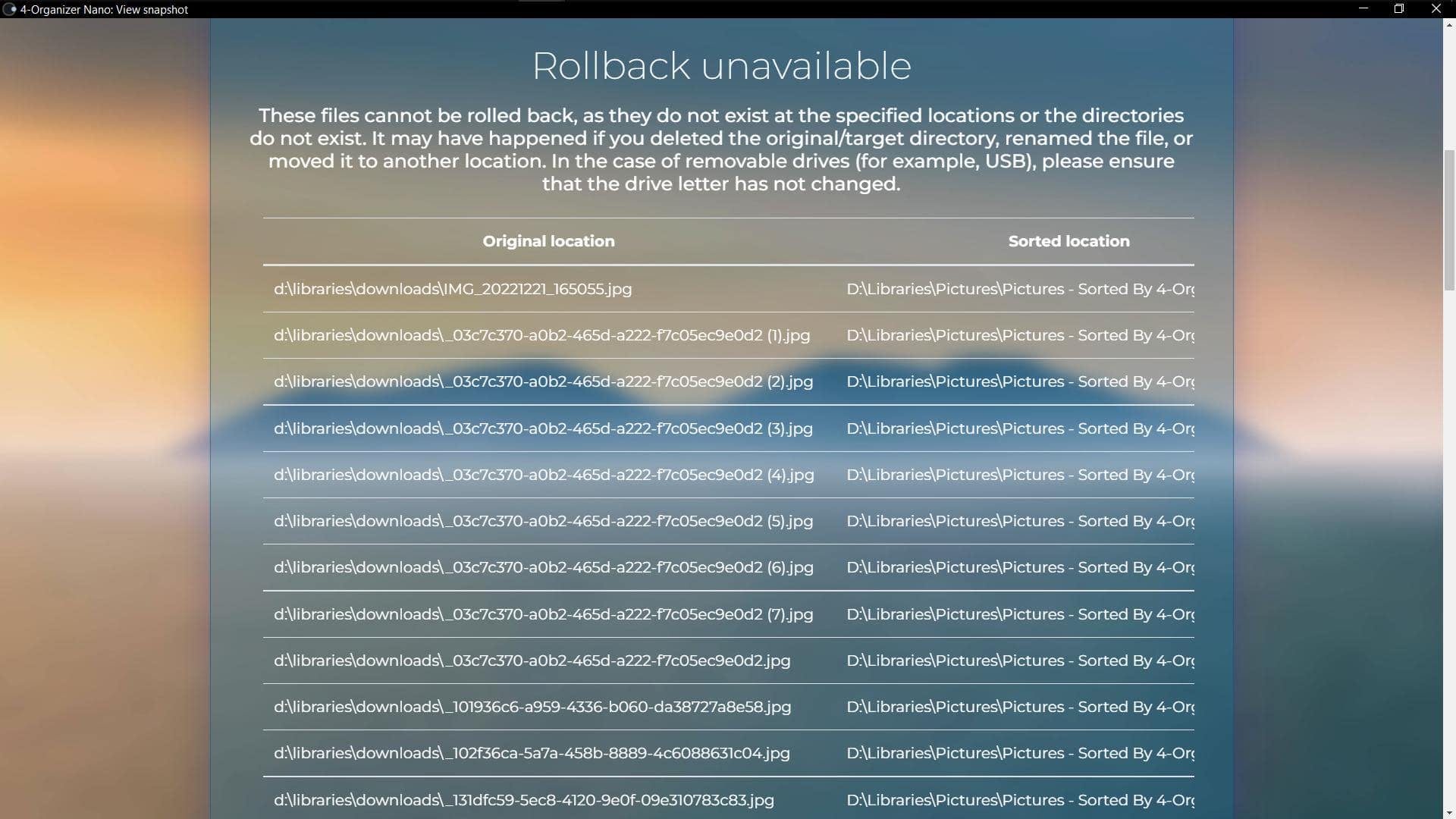 A 'Rollback unavailable' window with a table