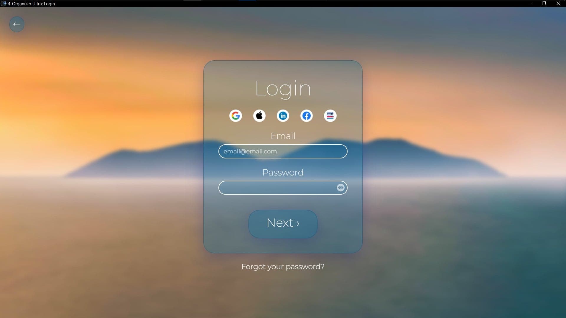 Screenshot of 'Login' window of 4-Organizer Ultra