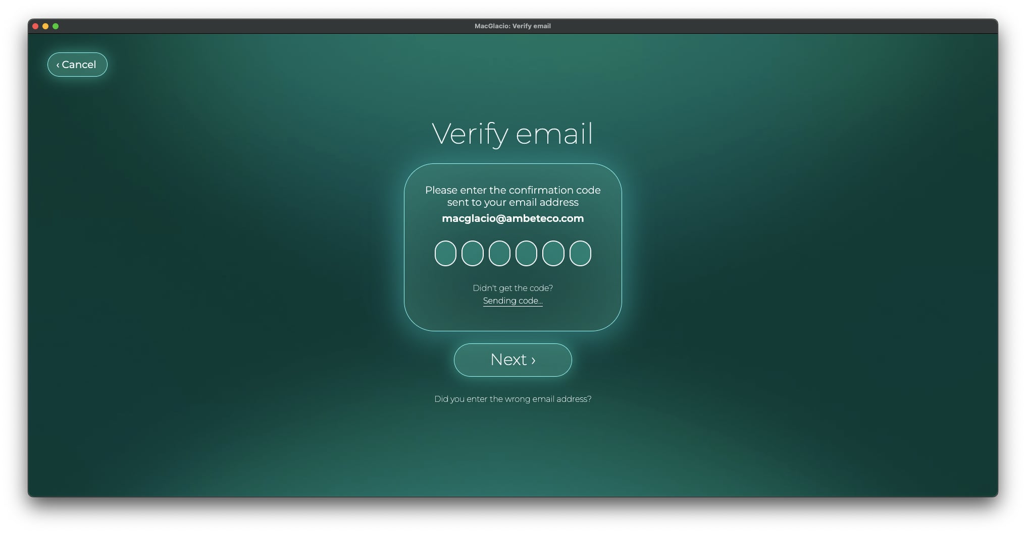 Screenshot of 'Email verification' window of MacGlacio