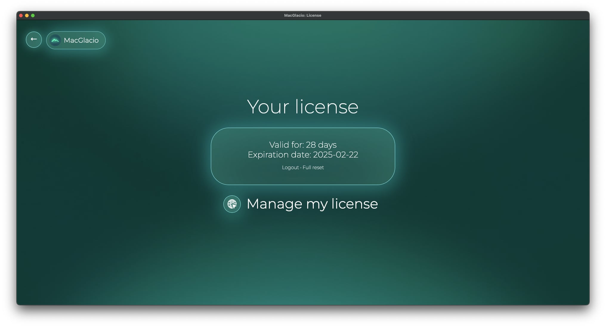 Screenshot of 'License Information' window of MacGlacio