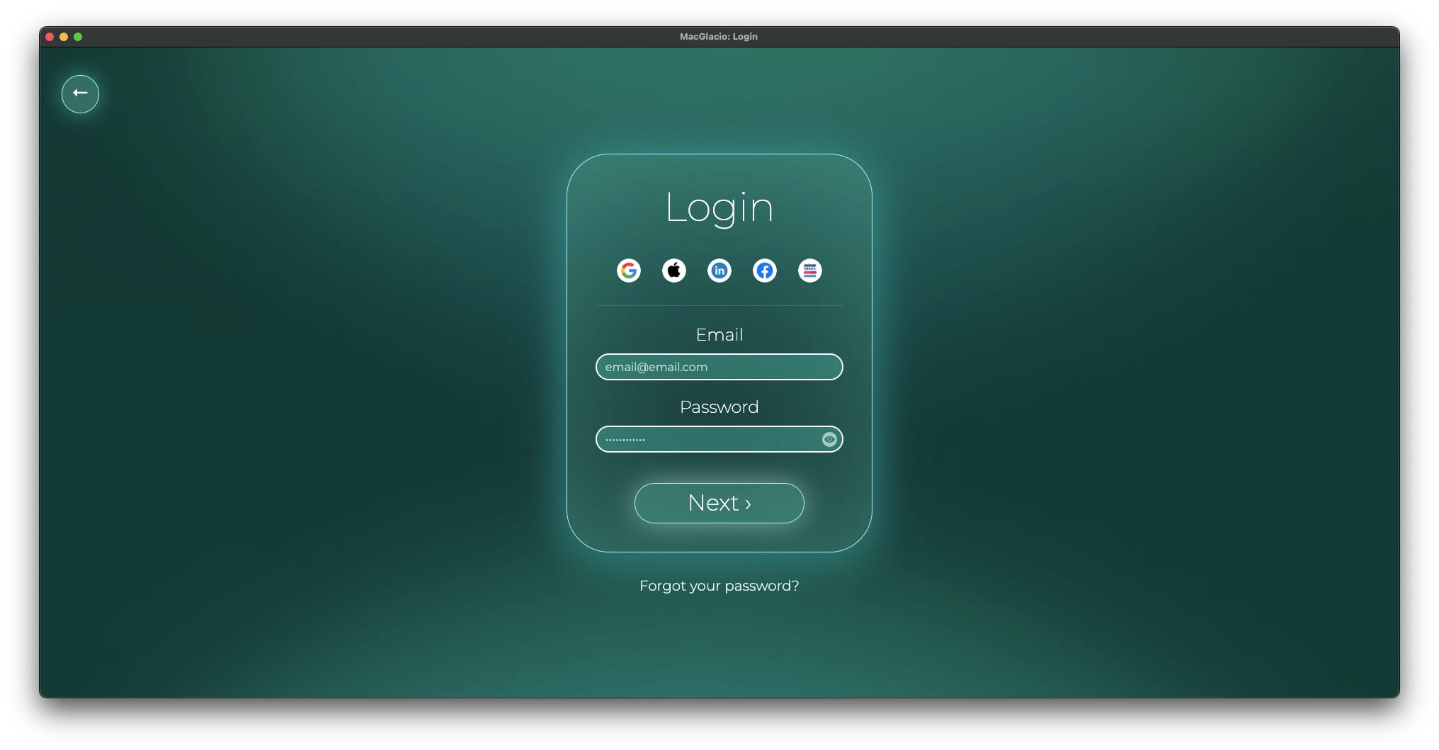 Screenshot of 'Login' window of MacGlacio