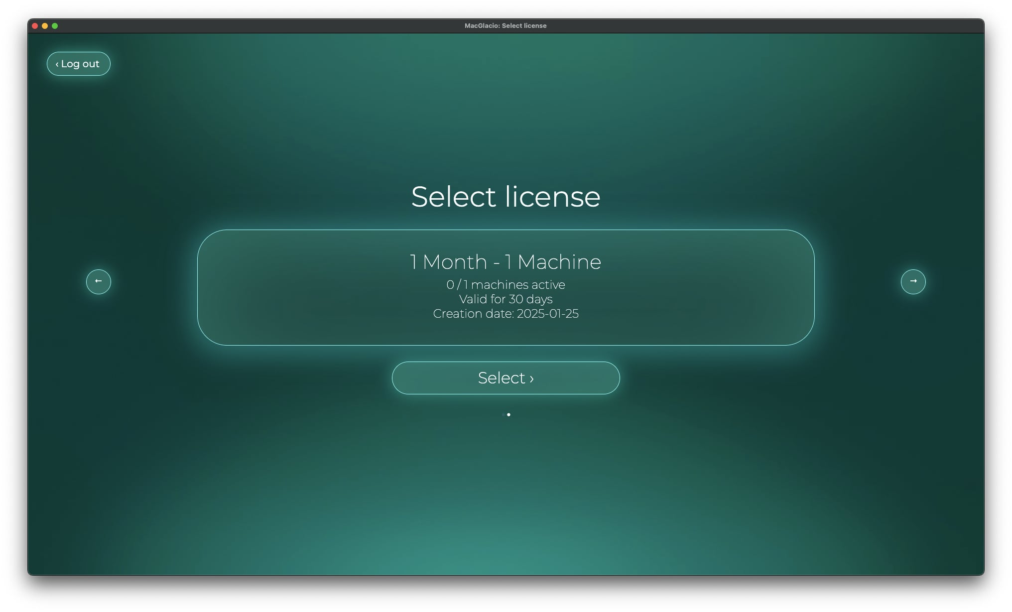 Screenshot of 'License selection' window of MacGlacio