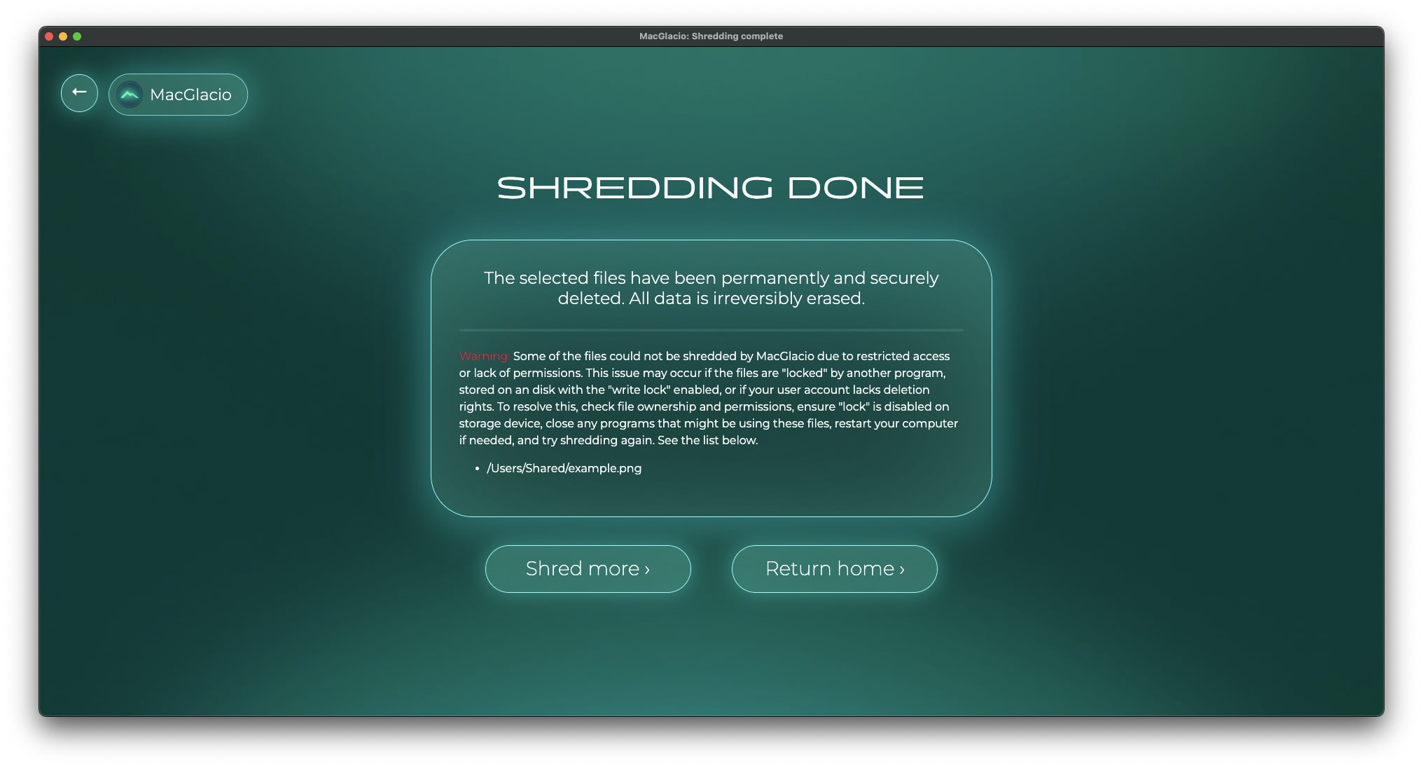 Screenshot of 'Shredding completed' window of MacGlacio with errors