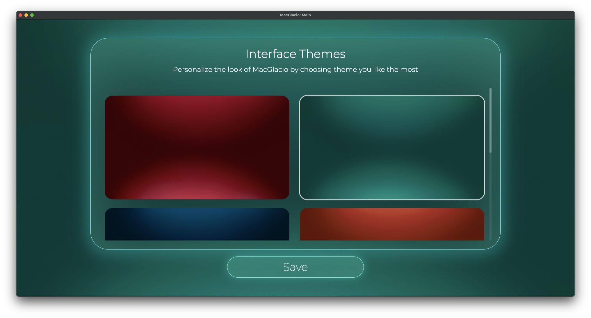 Screenshot of 'Theme' window of MacGlacio