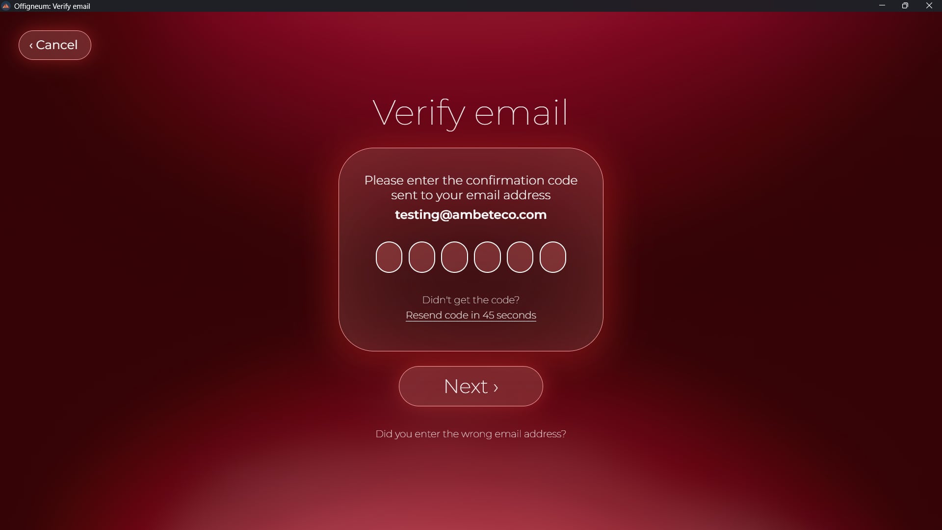 Screenshot of 'Email verification' window of Offigneum