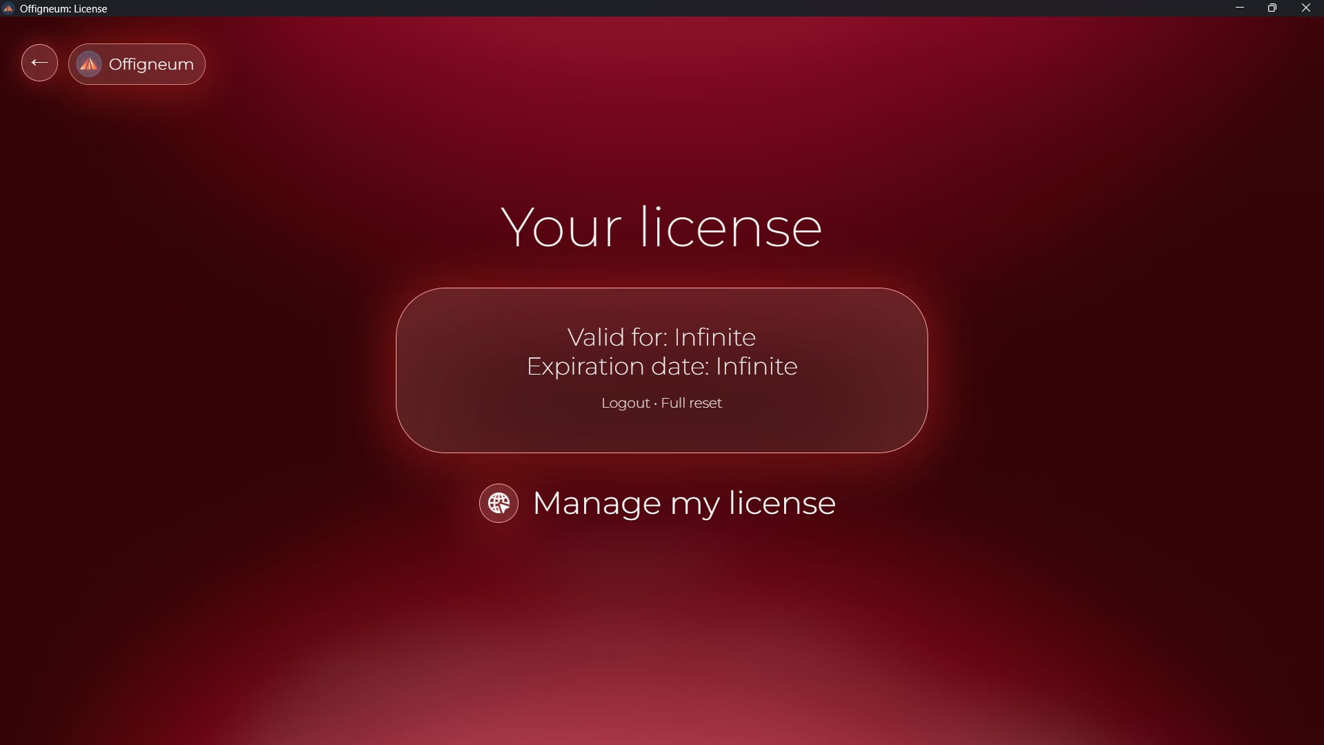 Screenshot of 'License Information' window of Offigneum