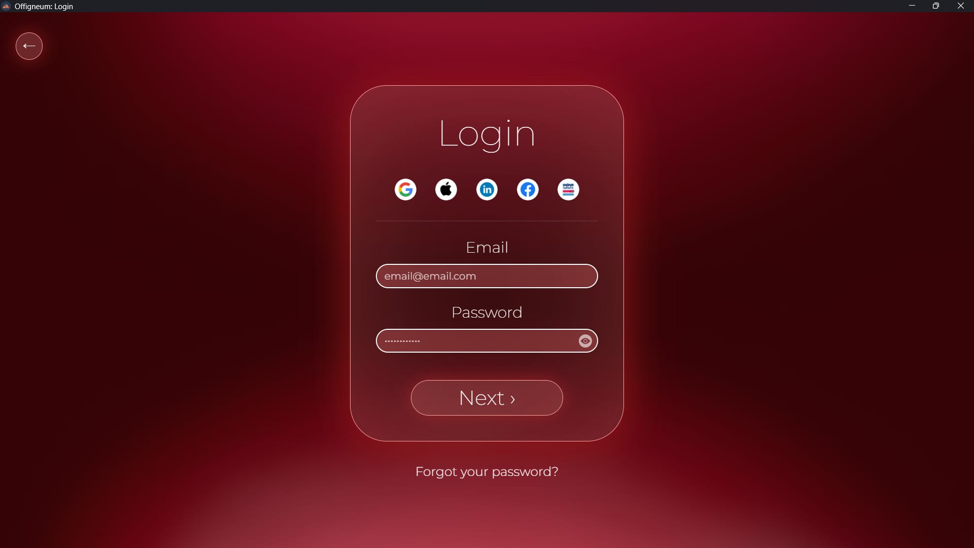 Screenshot of 'Login' window of Offigneum