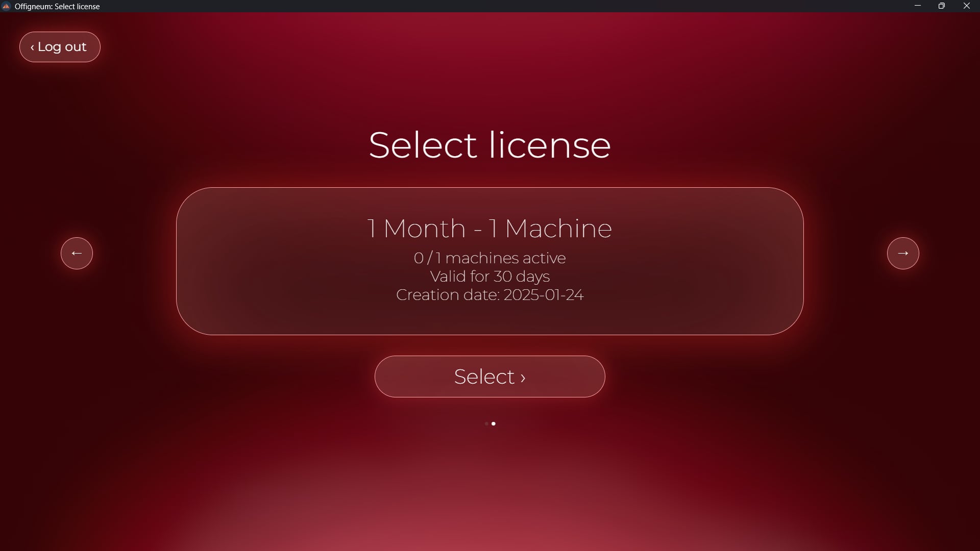 Screenshot of 'License selection' window of Offigneum