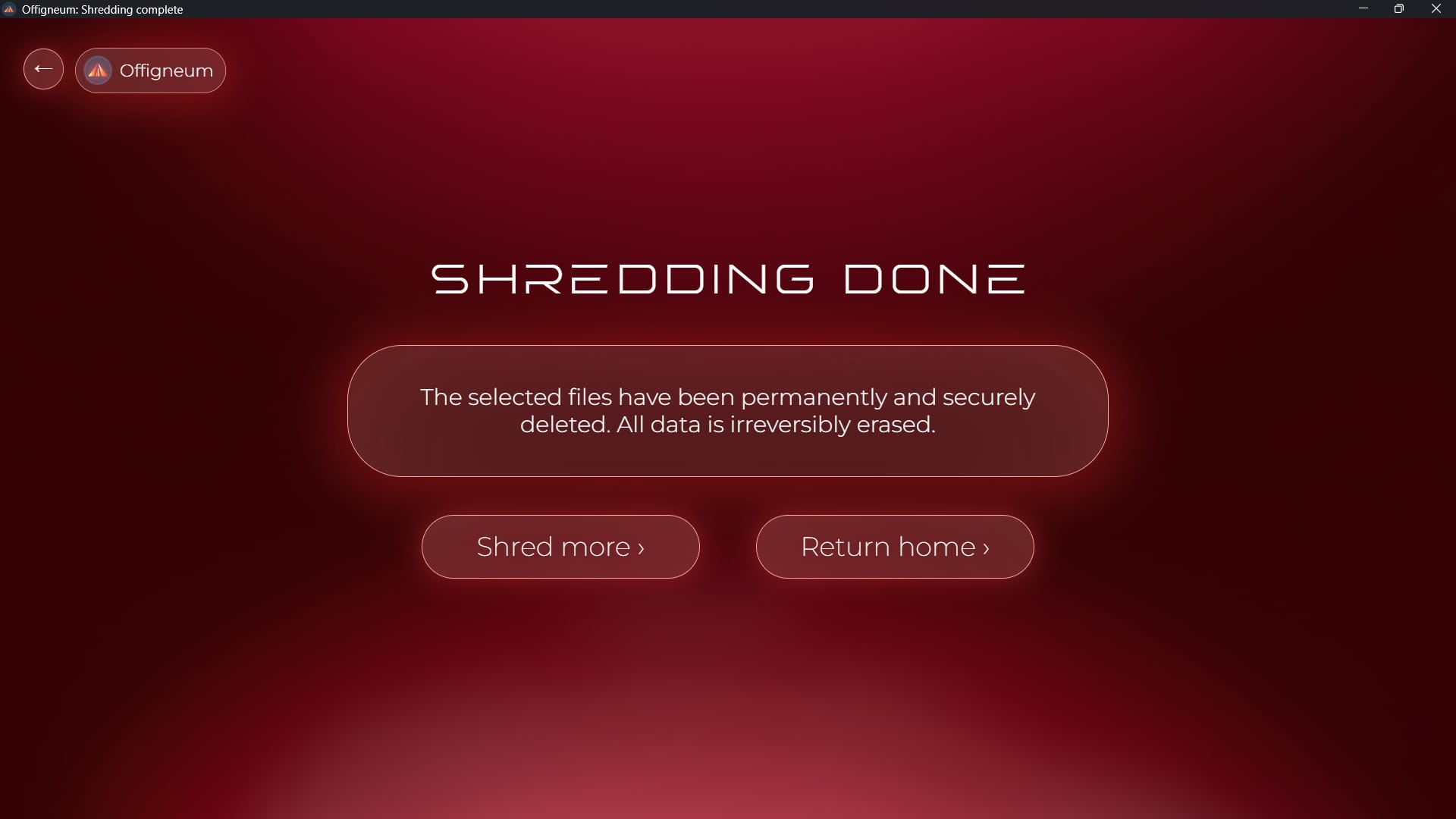 Screenshot of 'Shredding completed' window of Offigneum