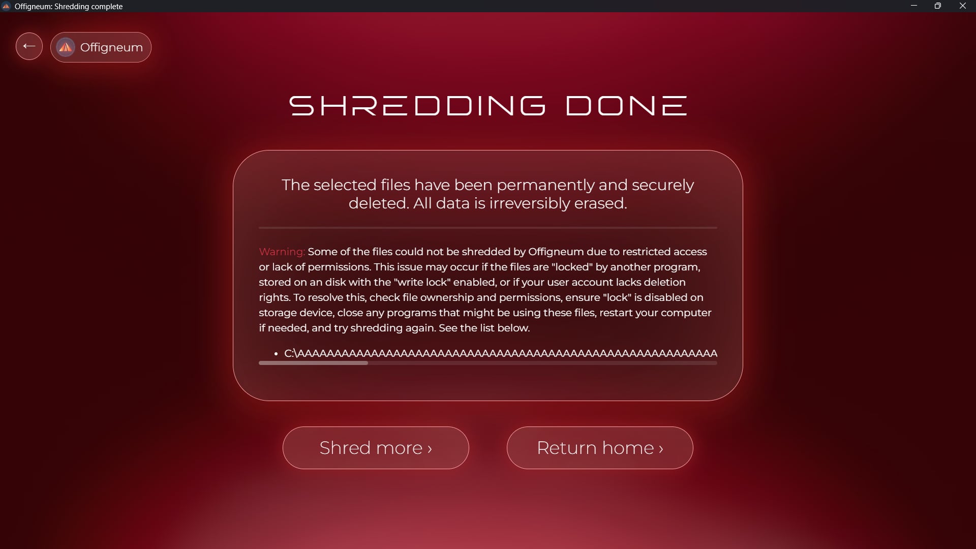 Screenshot of 'Shredding completed' window of Offigneum with errors