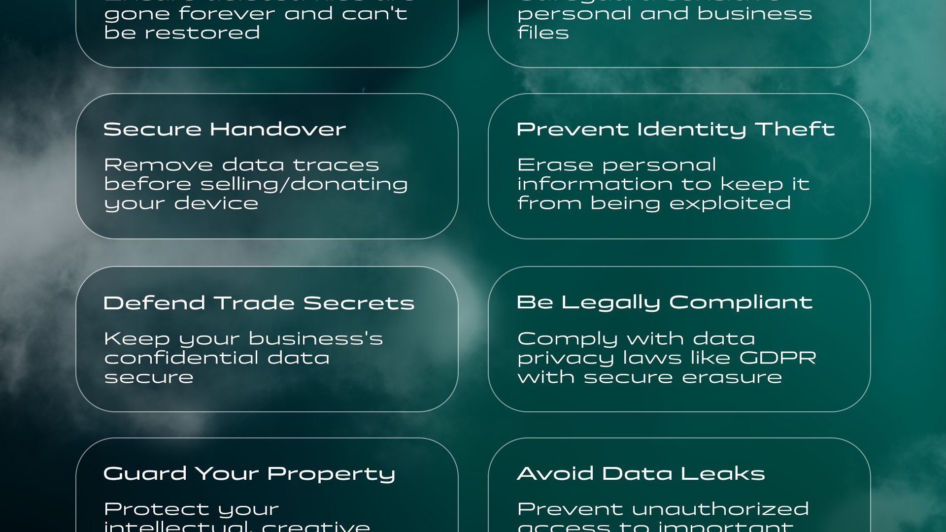 Stop Data Recovery: Ensure deleted files are gone forever and can't be restored | Protect Your Privacy: Safeguard sensitive personal and business files | Secure Handover: Remove data traces before selling/donating your device | Prevent Identity Theft: Erase personal information to keep it from being exploited | Defend Trade Secrets: Keep your business's confidential data secure | Be Legally Compliant: Comply with data privacy laws like GDPR with secure erasure | Guard Your Property: Protect your intellectual, creative, and proprietary work | Avoid Data Leaks: Prevent unauthorized access to important information