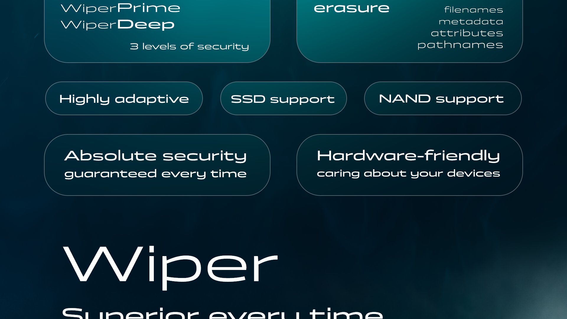 3 levels of security - WiperTurbo, WiperPrime, WiperDeep. Complete erasure of filenames, metadata, attributes, and pathnames. Highly adaptive; NAND support; SSD support. Hardware-friendly: caring about your devices. Absolute security guaranteed every time. Wiper - Superior every time.