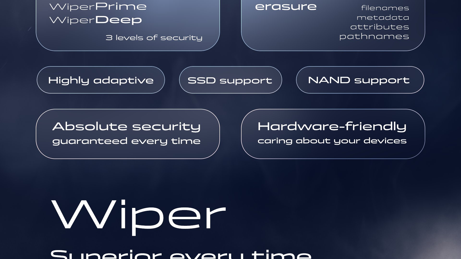 3 levels of security - WiperTurbo, WiperPrime, WiperDeep. Complete erasure of filenames, metadata, attributes, and pathnames. Highly adaptive; NAND support; SSD support. Hardware-friendly: caring about your devices. Absolute security guaranteed every time. Wiper - Superior every time.