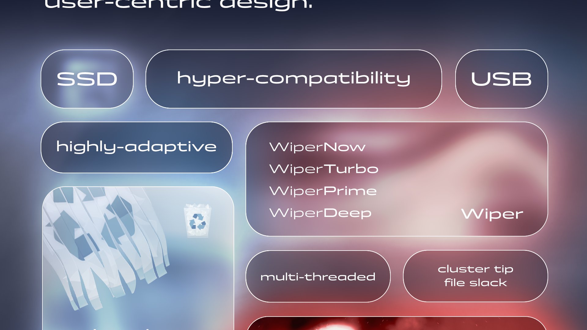 Packed with power: Offigneum redefines file shredding with cutting-edge technology and user-centric design. Featuring Hyper-Compatibility, SSD, USB, Highly-Adaptive, WiperNow, WiperTurbo, WiperPrime, WiperDeep, Wiper, cluster tip erasure, file slack erasure, multi-threaded architecture, feature to shred Recycle Bin, 51 erasure algorithms, and deep Windows integration.