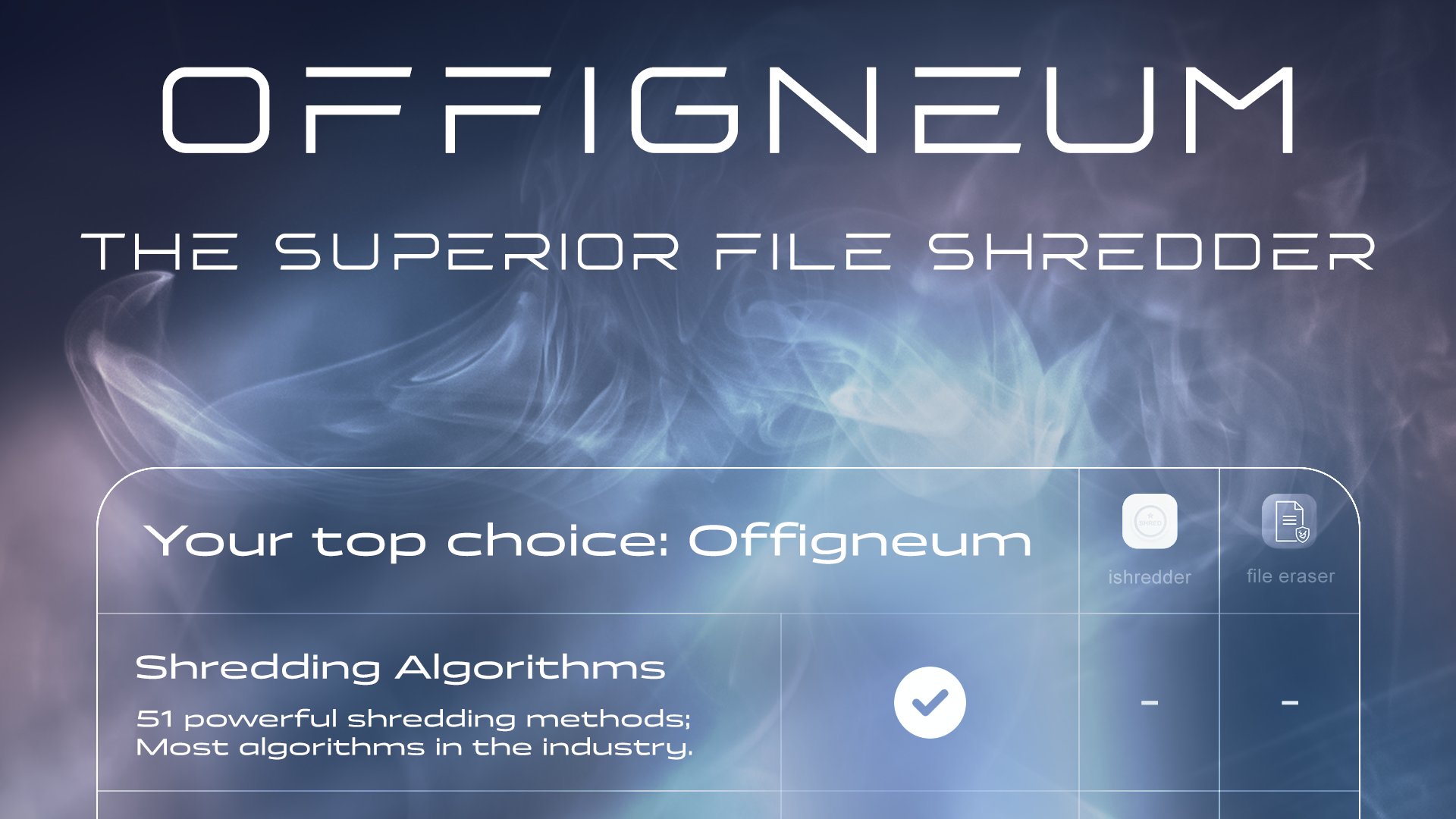 Offigneum: the utmost file shredder and your top choice. See how Offigneum is compared to two other shredding apps. Offigneum has all features mentioned below, while two competitors do not offer them.